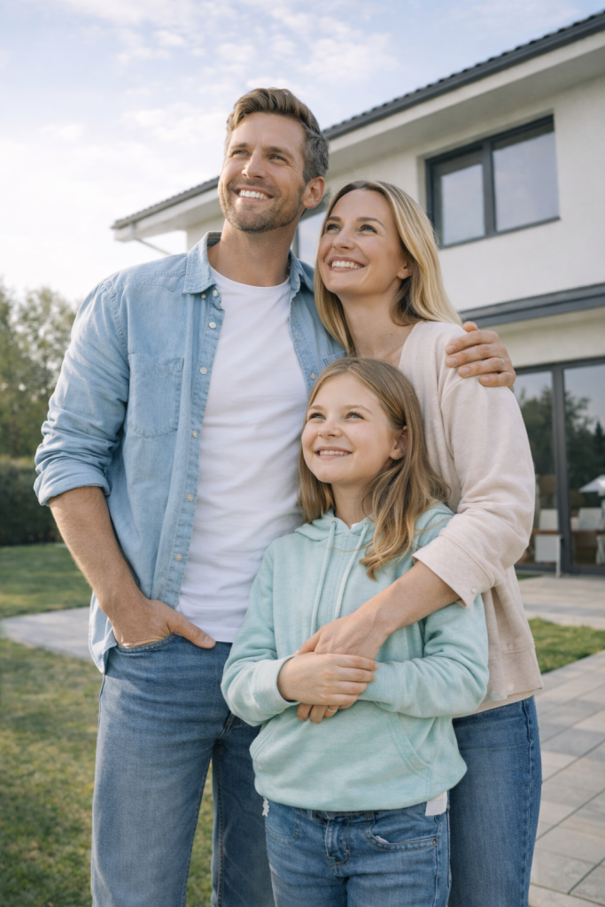 Familie vor Einfamilienhaus nach erfolgreichem Immobilienkauf